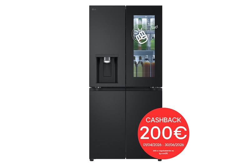 Vista frontale di Frigorifero Multidoor Slim InstaView | Classe E, 508L | Wi-Fi, Dispenser UVnano con allaccio, Metal Fresh, No frost | Nero GMG860EPBE